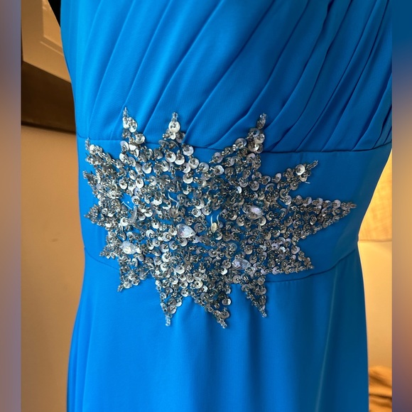 One Shoulder Corset Back Evening Gown/Formal Dress | Turquoise/Blue w/ Sequins - Picture 2 of 16